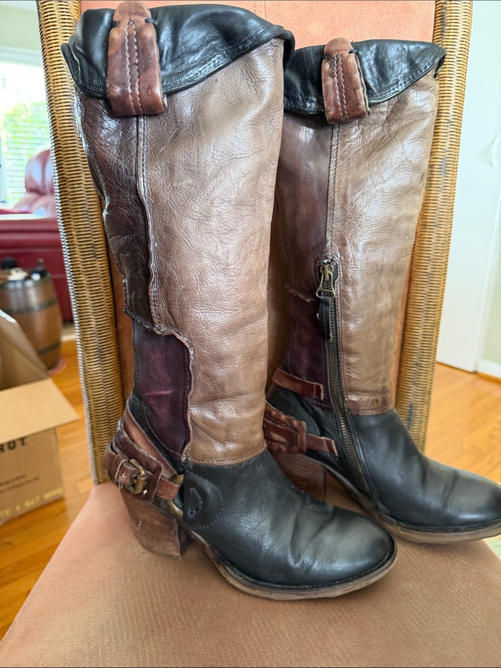 Three-Tone Brown, deep wine & Black Leather Knee-High Heeled Boots